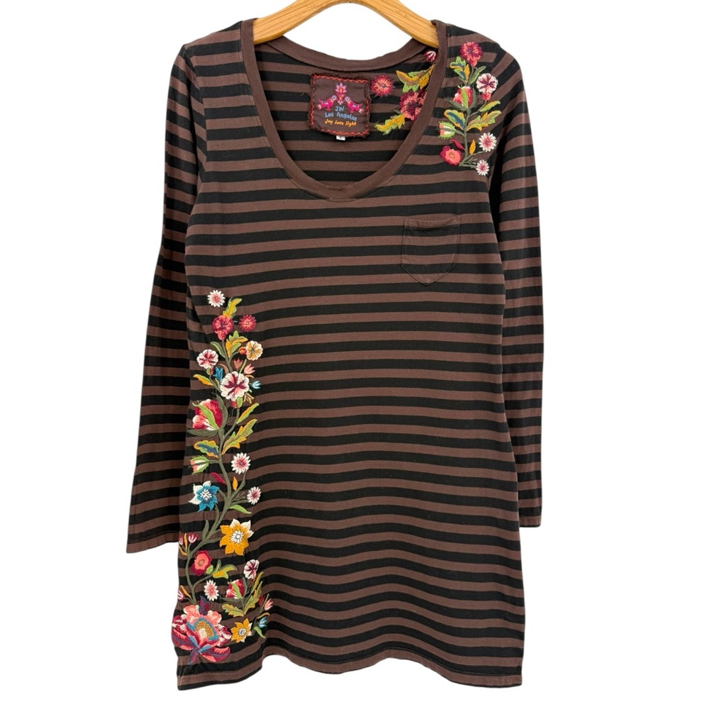 Johnny Was Brown and Black Striped Floral Embroidered Tunic - Picture 2 of 8